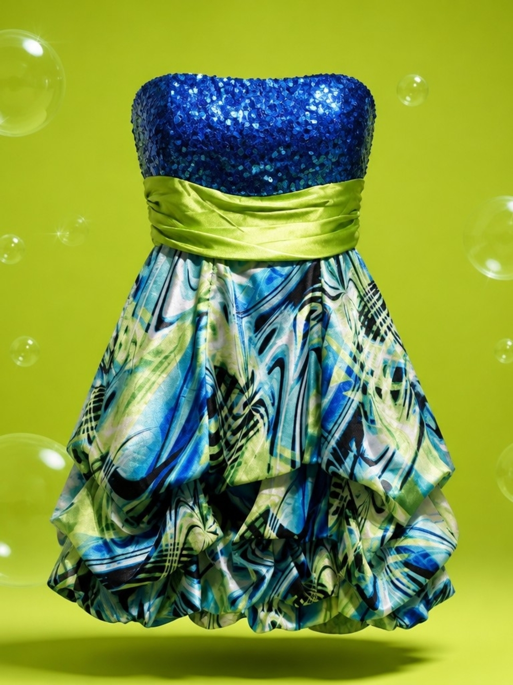 Vintage Y2K Sequin Strapless Bubble Hem Homecoming Party Dress Blue Green Cyber